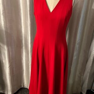 Calvin Klein Red Sleeveless V-Neck Midi Dress flare skirt size 6 spandex blend